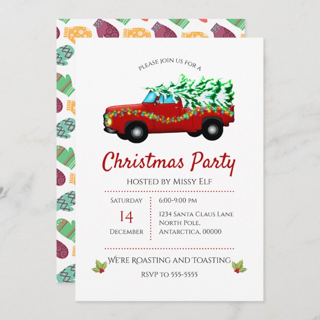 Red Truck, Tree, And Lights Christmas Invitation (Front/Back)
