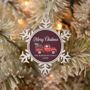 Red Truck Tree Gifts Merry Christmas Burgundy Snowflake Pewter Christmas Ornament