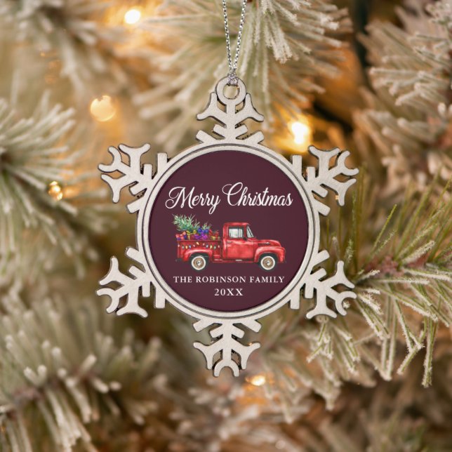 Red Truck Tree Gifts Merry Christmas Burgundy Snowflake Pewter Christmas Ornament (Tree)