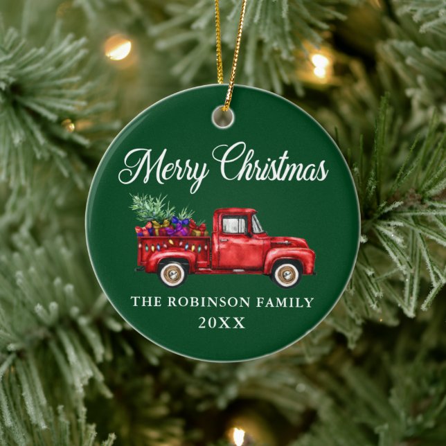 Red Truck Tree Gifts Merry Christmas Name Year Ceramic Ornament (Tree)