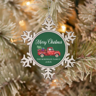 Red Truck Tree Gifts Merry Christmas Name Year Snowflake Pewter Christmas Ornament