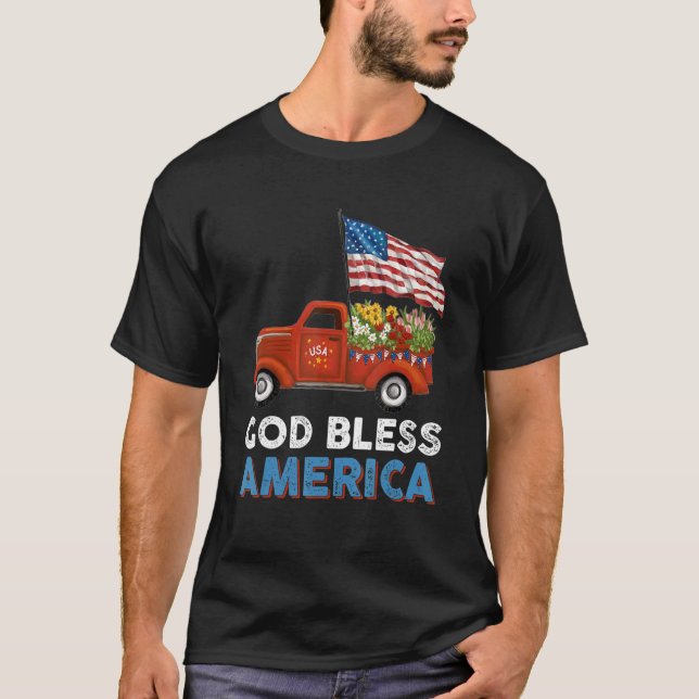 Red Truck Usa Flag Flowers God Bless America 4th O T-Shirt (Front)