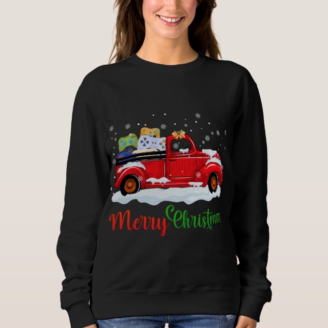 Red Truck Video Game Controllers Merry Christmas M Sweatshirt (Front)