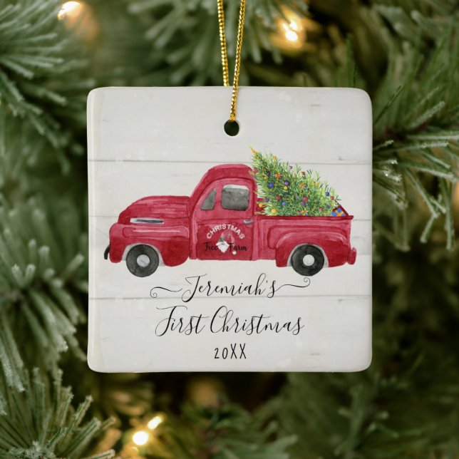 Red Truck White Wood Baby1st Christmas Tree Photo Ceramic Ornament (Tree)