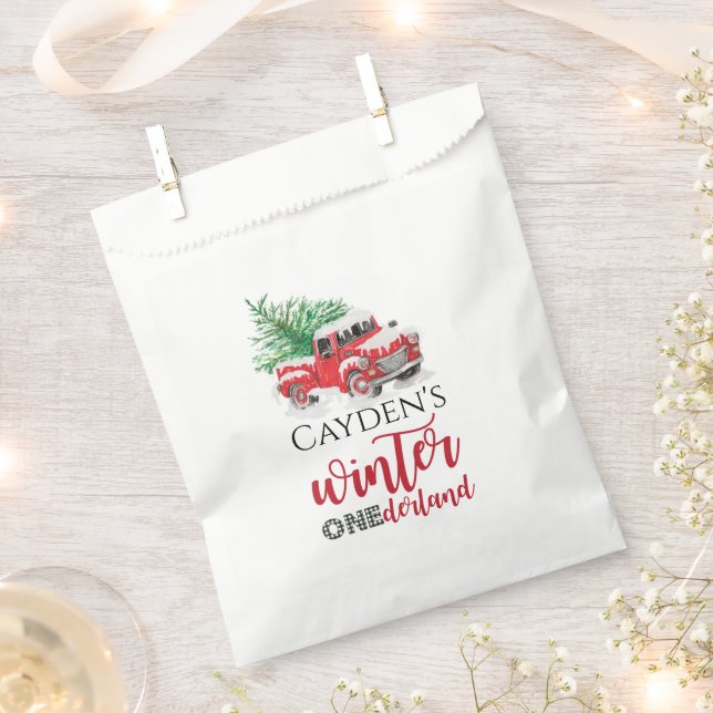Red Truck Winter Onederland First Birthday Favour Bag (Clipped)
