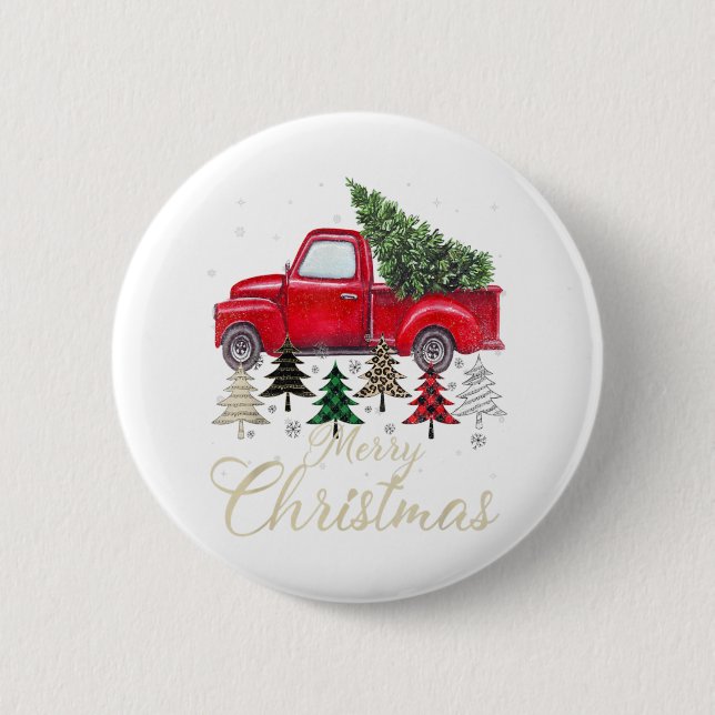 Red Truck With Buffalo Plaid And Leopard Christmas 6 Cm Round Badge (Front)