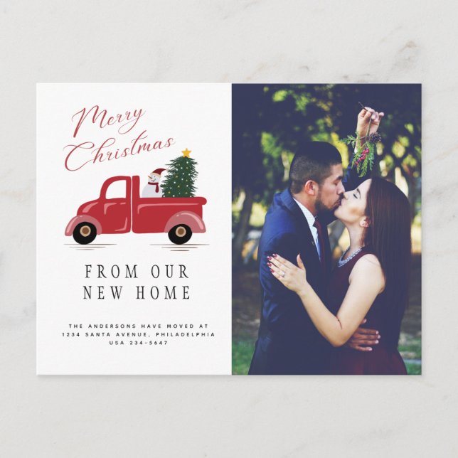 Red Truck with Christmas Tree and Snowman Moving Announcement Postcard (Front)
