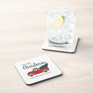 Red truck with Christmas tree custom family name Coaster