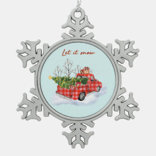 Red Truck with Christmas Tree Snowflake Pewter Christmas Ornament