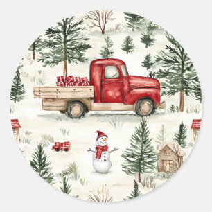 Red Truck with Gifts and Snowman Classic Round Sticker