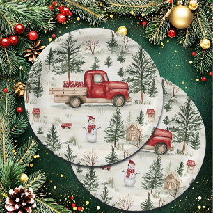 Red Truck with Gifts and Snowman Paper Plate