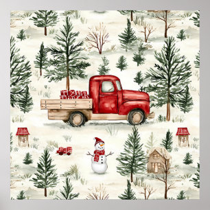 Red Truck with Gifts and Snowman Poster
