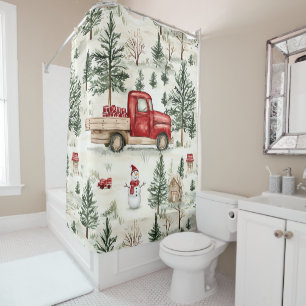 Red Truck with Gifts and Snowman Shower Curtain