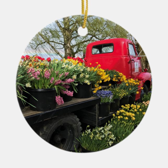 Red Truck with Spring Flowers & Rainbow Ceramic Ornament (Front)