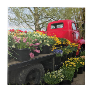 Red Truck with Spring Flowers & Rainbow Ceramic Tile