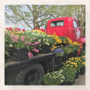 Red Truck with Spring Flowers & Rainbow Glass Coaster