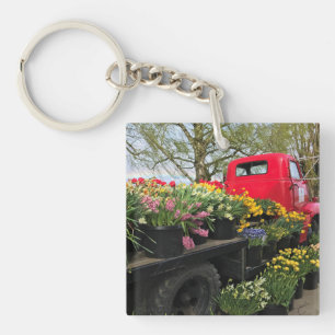 Red Truck with Spring Flowers & Rainbow Key Ring