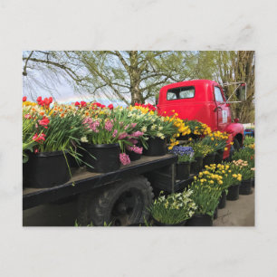 Red Truck with Spring Flowers & Rainbow Postcard