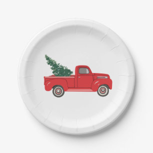 Red Truck with tree Art Painting Paper Plate