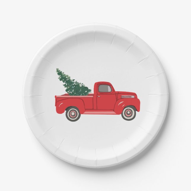 Red Truck with tree Art Painting Paper Plate (Front)