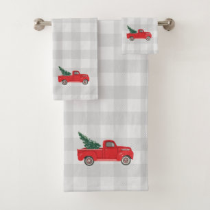 Red Truck with Tree Check Pattern Bath Towel Set