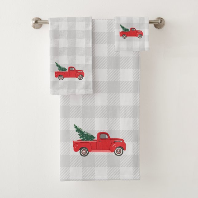 Red Truck with Tree Check Pattern Bath Towel Set (Insitu)
