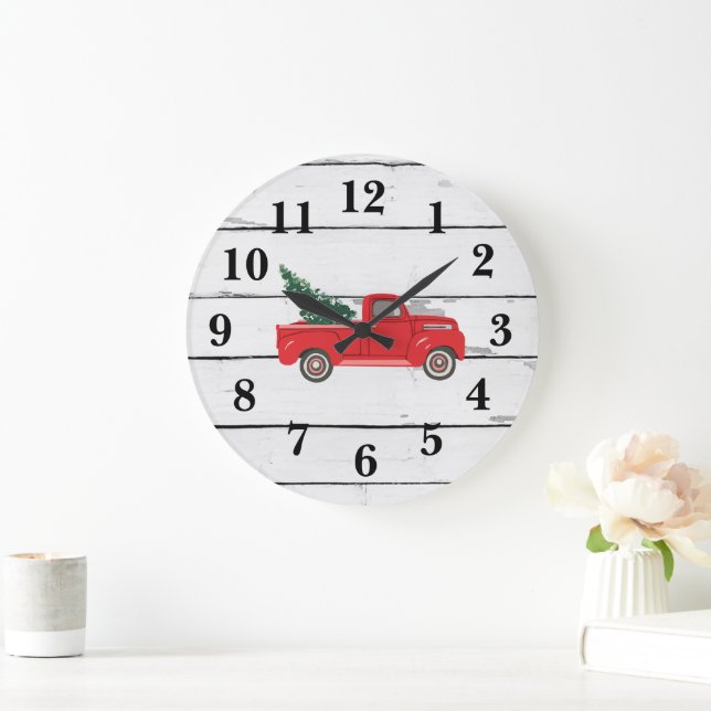 Red Truck with Tree Rustic Shiplap Large Clock (Home)