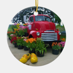 Red Truck with Tulips, Oregon Ceramic Ornament