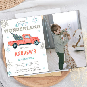 Red Truck Wonderland Birthday Invitations w photo