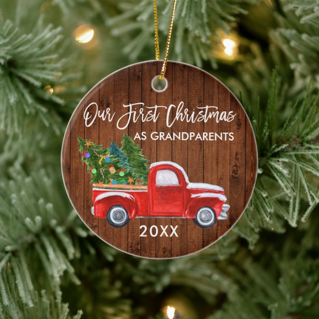 Red Truck Wood First Christmas as Grandparents Ceramic Ornament (Tree)
