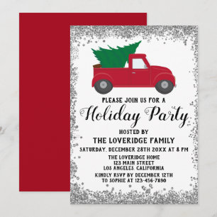 Red Truck Xmas Tree Christmas Holiday Party Silver Invitation