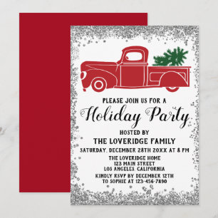 Red Truck Xmas Tree Christmas Holiday Party Silver Invitation
