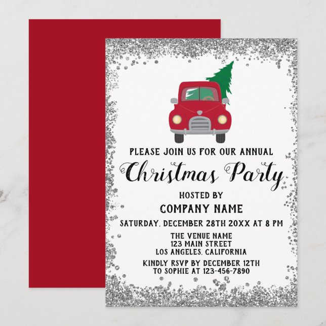Red Truck Xmas Tree Company Christmas Party Silver Invitation (Front/Back)