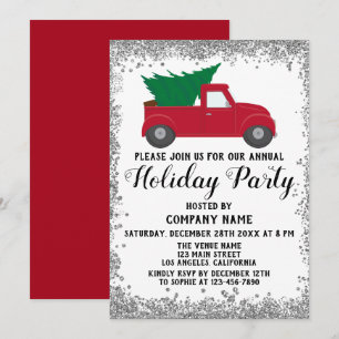 Red Truck Xmas Tree Company Holiday Party Silver Invitation