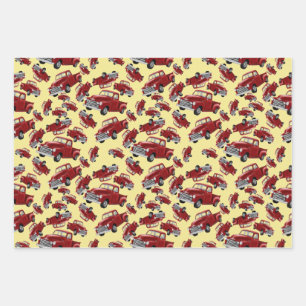 Red Trucks  Apples Wrapping Paper Sheet Set of 3