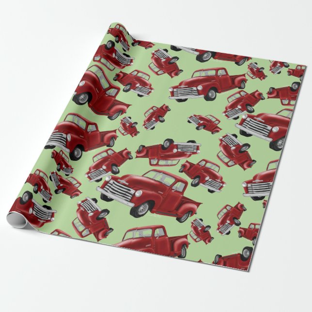 Red Trucks Christmas Wrapping Paper (Unrolled)