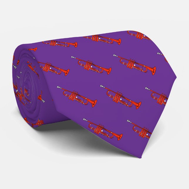Red Trumpet Pattern on Royal Purple Tie (Rolled)