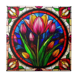 Red Tulip and Colourful Floral Motifs Ceramic Tile