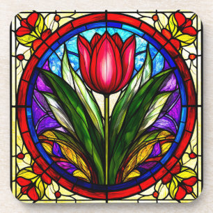 Red Tulip and Colourful Floral Motifs Coaster