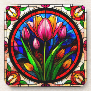Red Tulip and Colourful Floral Motifs Coaster