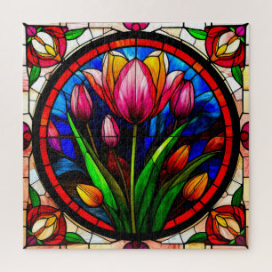 Red Tulip and Colourful Floral Motifs Jigsaw Puzzle