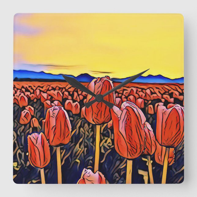 Red Tulip Field Painting Acrylic Wall Clock (Front)