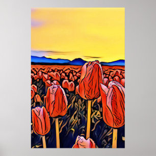 Red Tulip Field Painting Poster