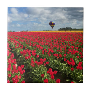 Red Tulip Field with Hot Air Balloon Ceramic Tile