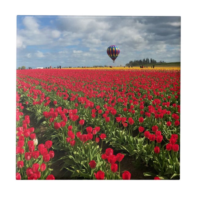 Red Tulip Field with Hot Air Balloon Ceramic Tile (Front)