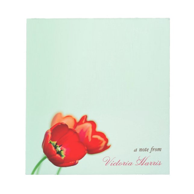 Red tulip floral mint green bokeh style personal notepad (Front)