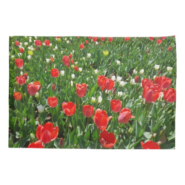 Red Tulip Flower Field Nature Photography Pillowcase (Back)