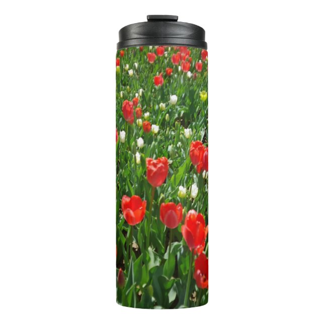 Red Tulip Flower Field Nature Photography Thermal Tumbler (Front)