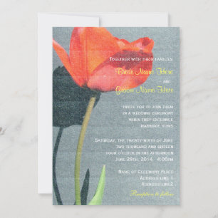 Red tulip flower in rusty paper wedding invitation