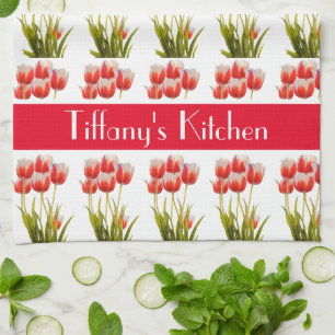 Red Tulip  Flower Personalised Floral  Tea Towel